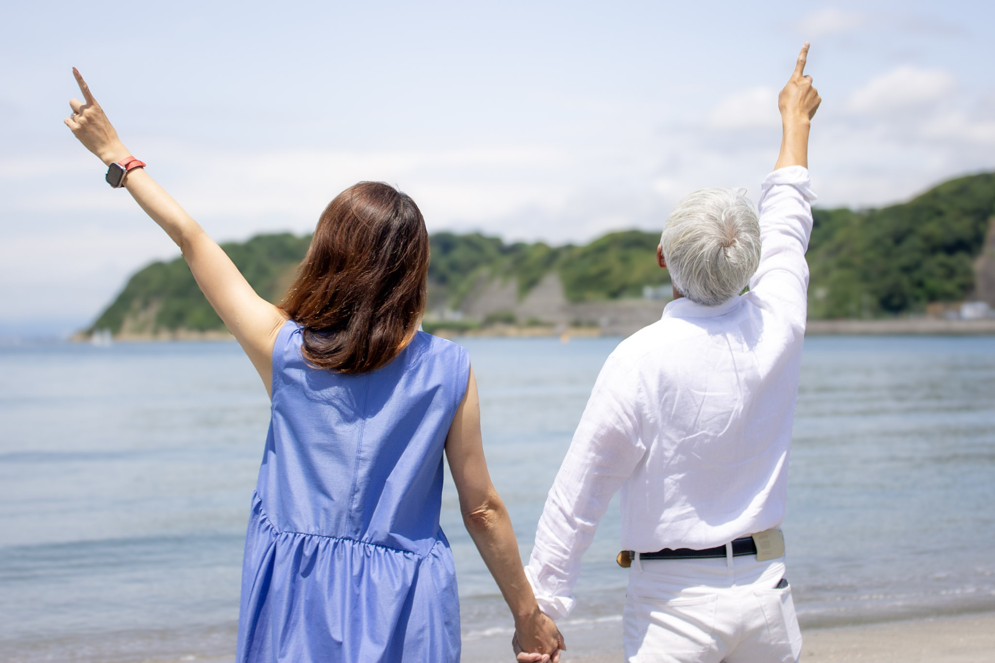 海辺で手をつなぐ夫婦の後ろ姿